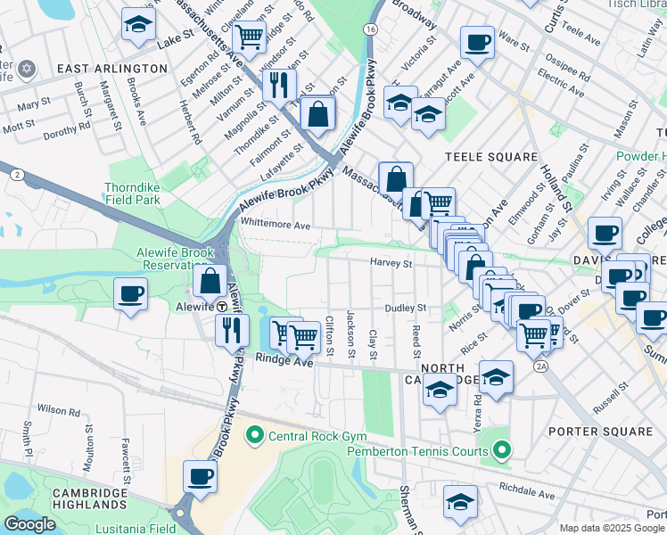 map of restaurants, bars, coffee shops, grocery stores, and more near 190 Harvey Street in Cambridge