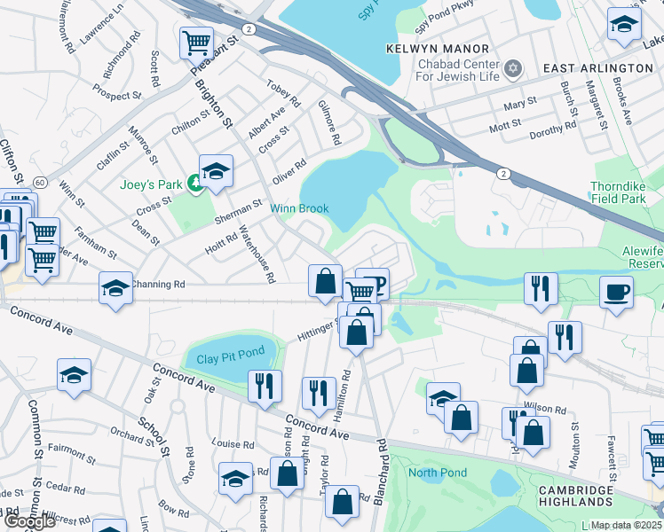 map of restaurants, bars, coffee shops, grocery stores, and more near 90 Brighton Street in Belmont