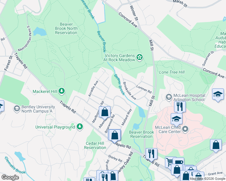 map of restaurants, bars, coffee shops, grocery stores, and more near 135 Marlborough Road in Waltham