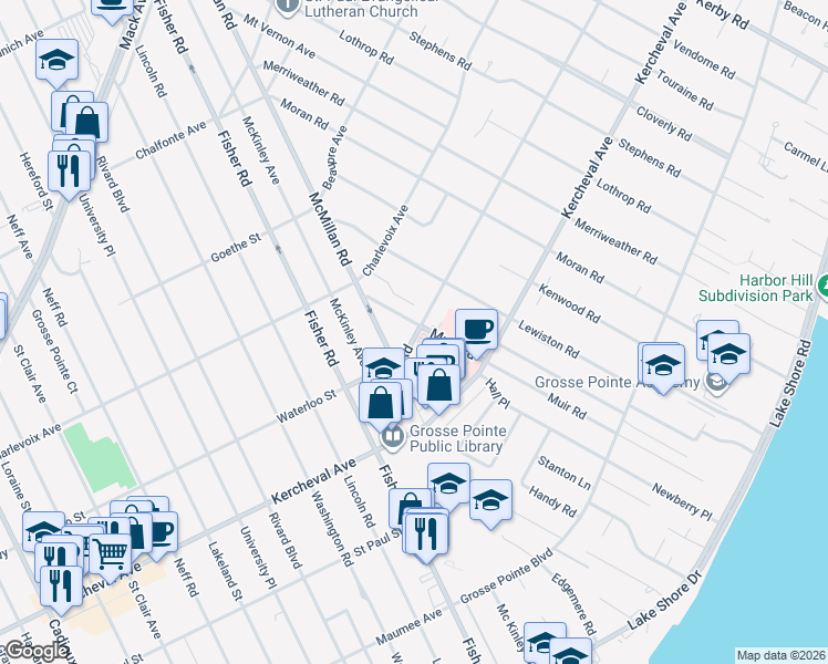 map of restaurants, bars, coffee shops, grocery stores, and more near 213 Muir Road in Grosse Pointe Farms