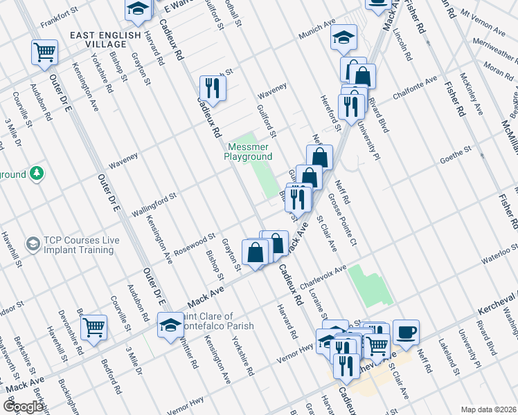 map of restaurants, bars, coffee shops, grocery stores, and more near 17160 Gravier Street in Detroit