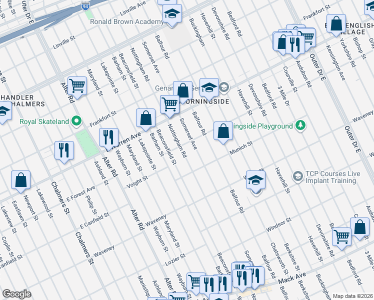map of restaurants, bars, coffee shops, grocery stores, and more near 4715 Somerset Avenue in Detroit