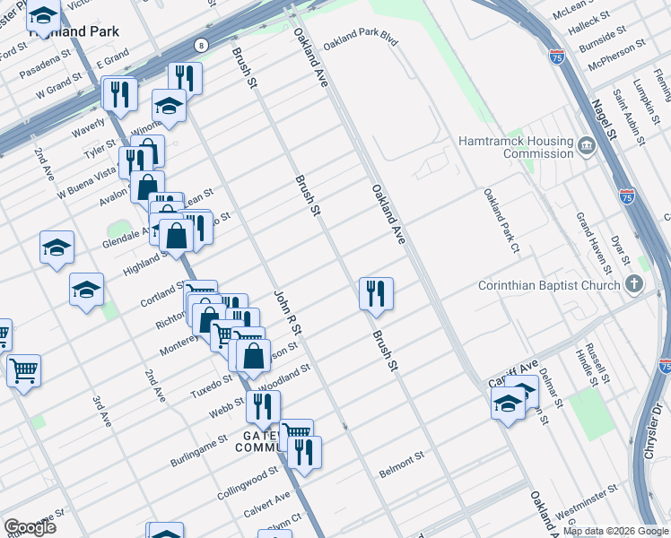 map of restaurants, bars, coffee shops, grocery stores, and more near 153 California Street in Highland Park