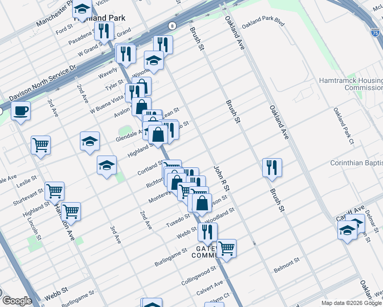 map of restaurants, bars, coffee shops, grocery stores, and more near 46 Rhode Island Street in Highland Park