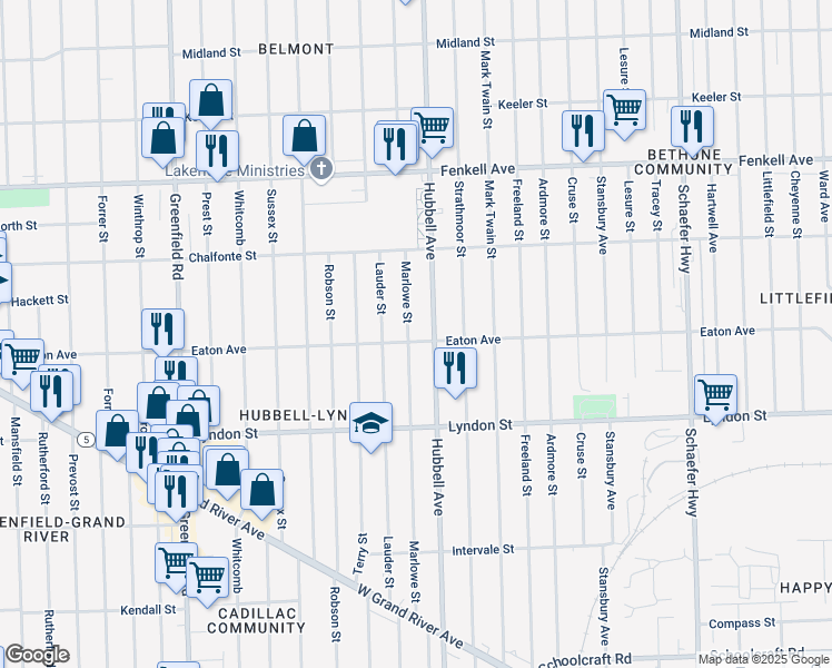 map of restaurants, bars, coffee shops, grocery stores, and more near 14833 Marlowe Street in Detroit