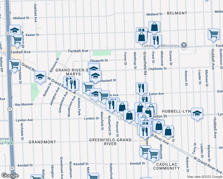 map of restaurants, bars, coffee shops, grocery stores, and more near 14860 Rutherford Street in Detroit