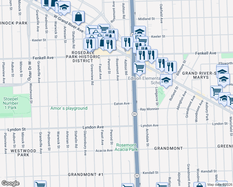 map of restaurants, bars, coffee shops, grocery stores, and more near 14890 Rosemont Avenue in Detroit