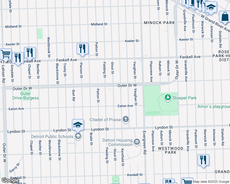 map of restaurants, bars, coffee shops, grocery stores, and more near 10685 Outer Drive West in Detroit