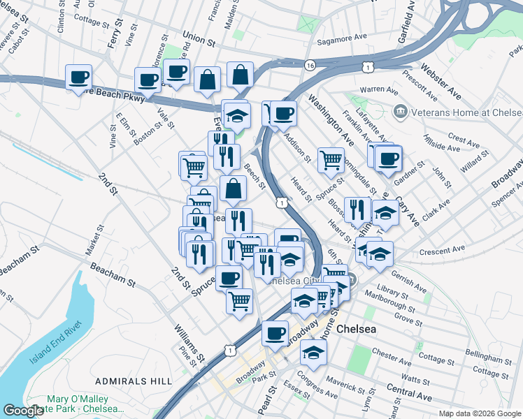 map of restaurants, bars, coffee shops, grocery stores, and more near 201 Maple Street in Chelsea