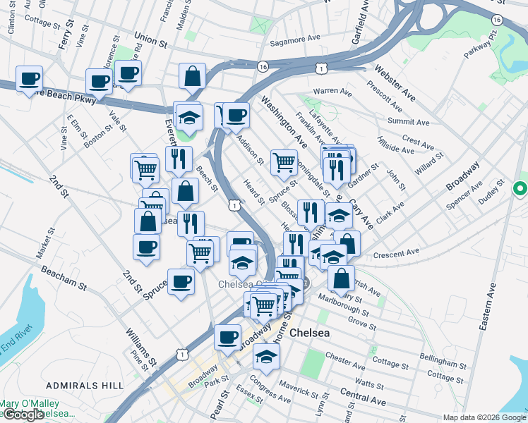 map of restaurants, bars, coffee shops, grocery stores, and more near 249 Spruce Street in Chelsea