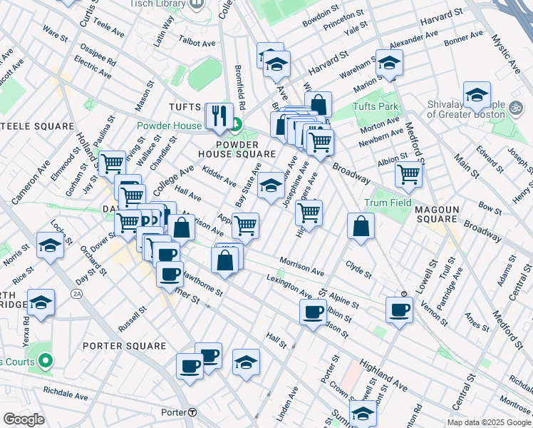 map of restaurants, bars, coffee shops, grocery stores, and more near 200 Willow Avenue in Somerville