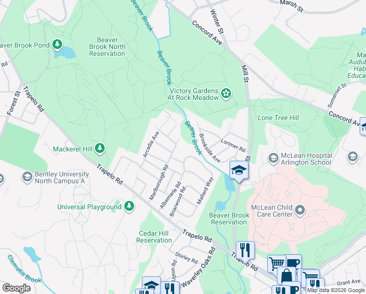 map of restaurants, bars, coffee shops, grocery stores, and more near 135 Marlborough Road in Waltham