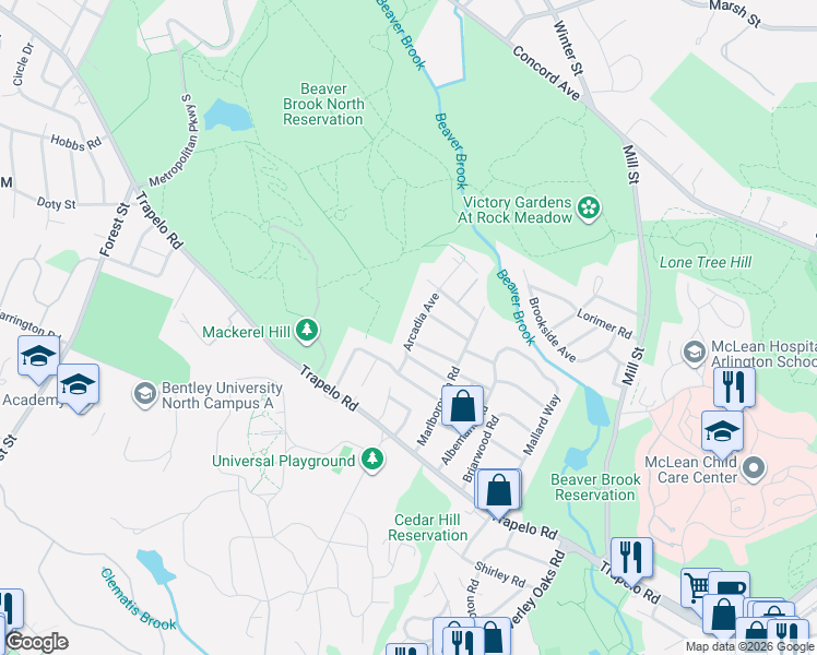 map of restaurants, bars, coffee shops, grocery stores, and more near 36 Arcadia Avenue in Waltham