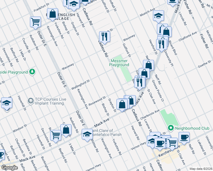 map of restaurants, bars, coffee shops, grocery stores, and more near 3893 Harvard Road in Detroit