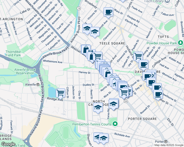 map of restaurants, bars, coffee shops, grocery stores, and more near 35 Harvey Street in Cambridge