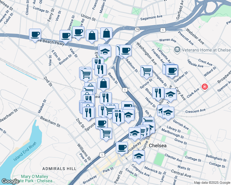 map of restaurants, bars, coffee shops, grocery stores, and more near 201 Maple Street in Chelsea