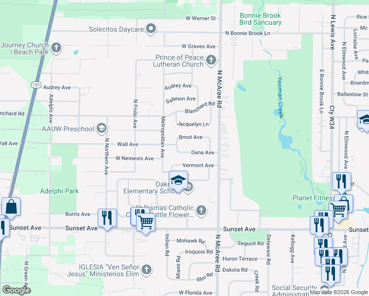 map of restaurants, bars, coffee shops, grocery stores, and more near 2719 Brnot Avenue in Waukegan