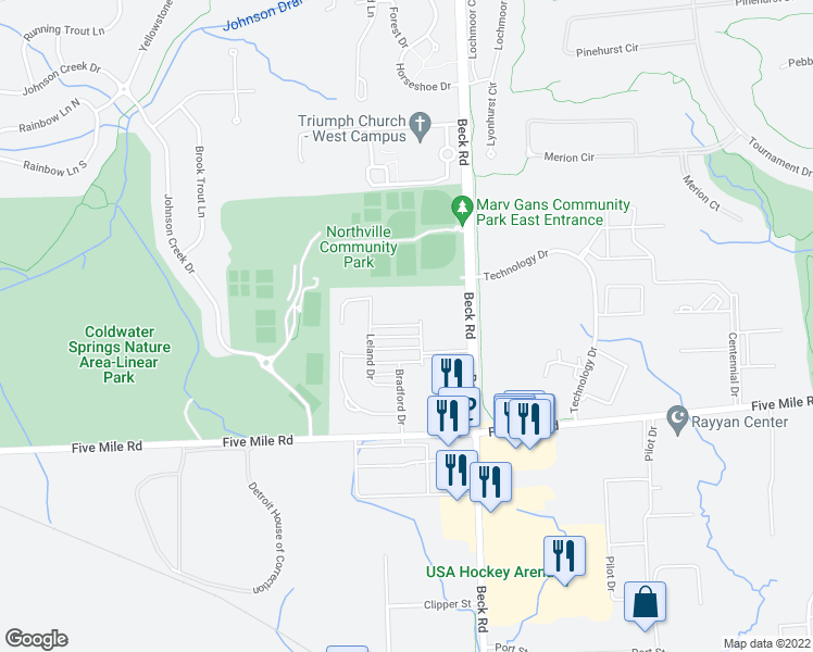 map of restaurants, bars, coffee shops, grocery stores, and more near 47678 Alden Terrace North in Northville