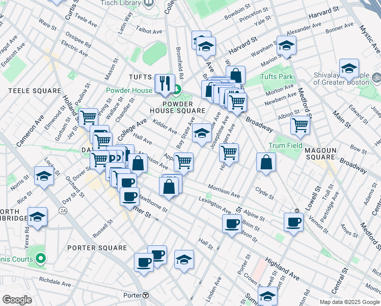 map of restaurants, bars, coffee shops, grocery stores, and more near 82 Lowden Avenue in Somerville