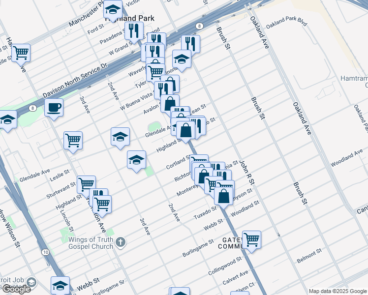 map of restaurants, bars, coffee shops, grocery stores, and more near 21 Highland Street in Highland Park