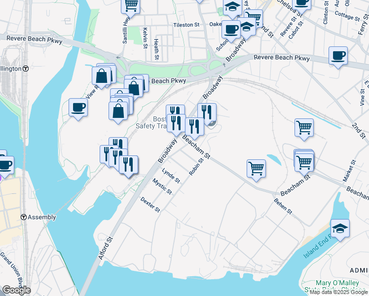 map of restaurants, bars, coffee shops, grocery stores, and more near 37 Bow Street in Everett