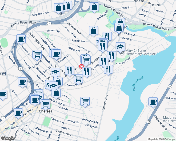 map of restaurants, bars, coffee shops, grocery stores, and more near 30 Eleanor Street in Chelsea