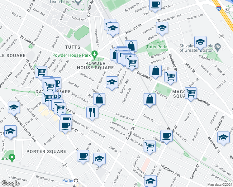 map of restaurants, bars, coffee shops, grocery stores, and more near 57 Josephine Avenue in Somerville