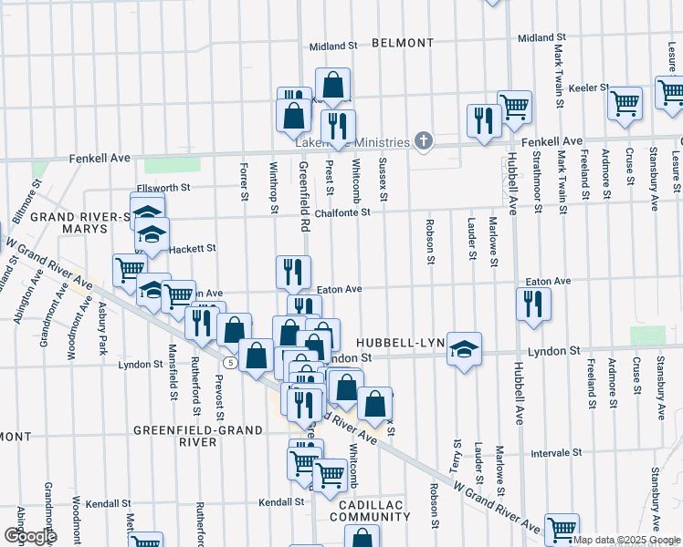 map of restaurants, bars, coffee shops, grocery stores, and more near 14857 Prest Street in Detroit
