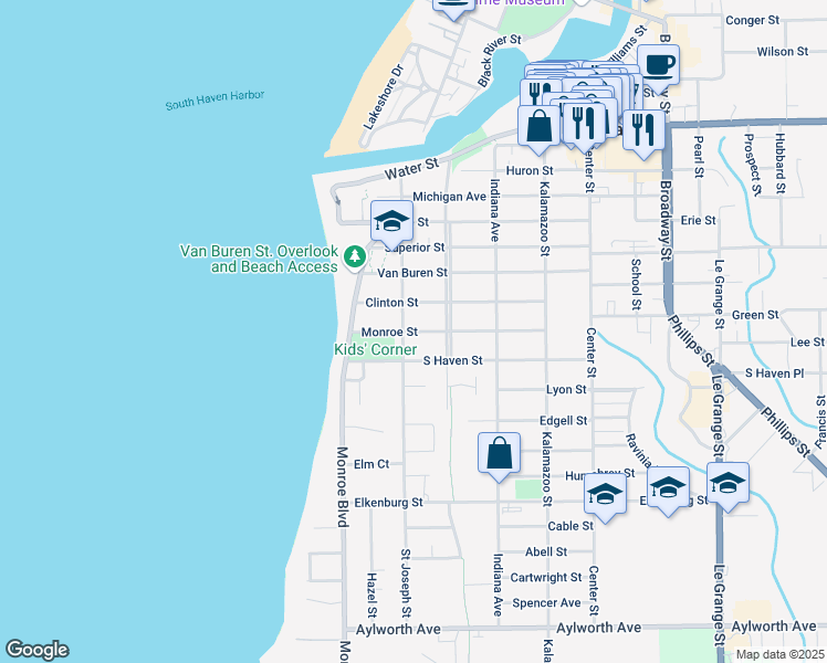 map of restaurants, bars, coffee shops, grocery stores, and more near 125 Monroe Street in South Haven