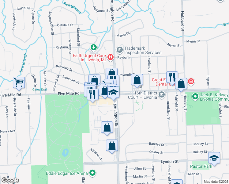 map of restaurants, bars, coffee shops, grocery stores, and more near Farmington Road in Livonia
