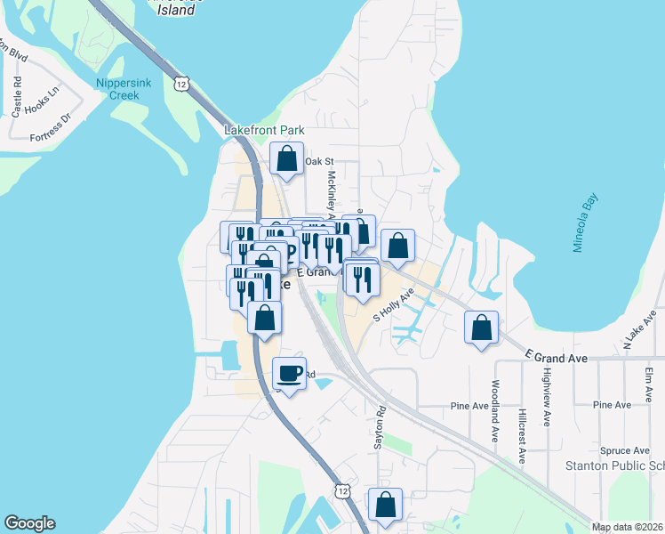 map of restaurants, bars, coffee shops, grocery stores, and more near 36 Grand Avenue in Fox Lake