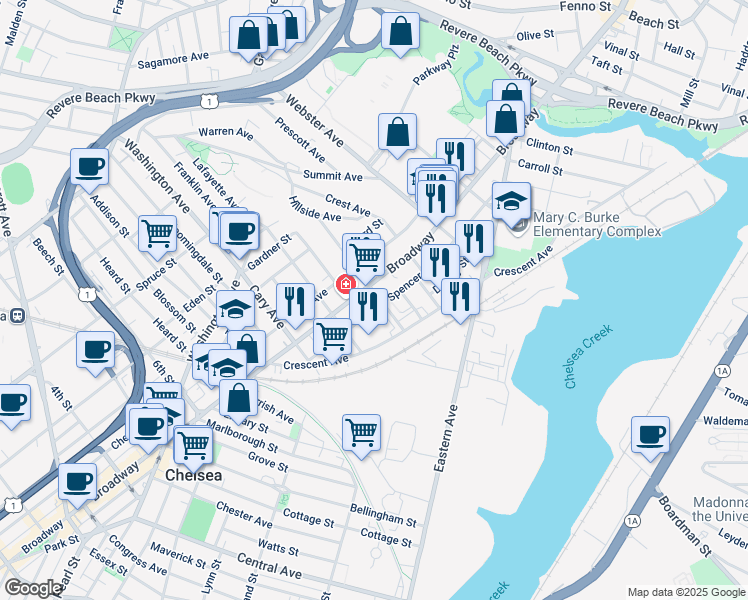 map of restaurants, bars, coffee shops, grocery stores, and more near 30 Eleanor Street in Chelsea
