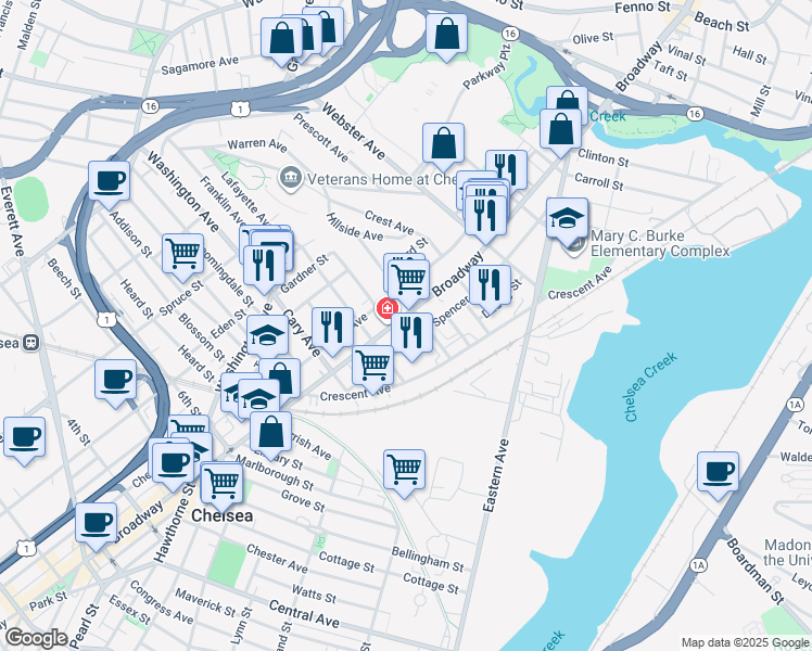 map of restaurants, bars, coffee shops, grocery stores, and more near 30 Eleanor Street in Chelsea