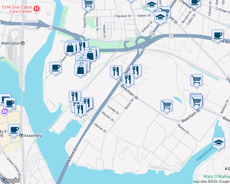map of restaurants, bars, coffee shops, grocery stores, and more near 107 Broadway in Everett