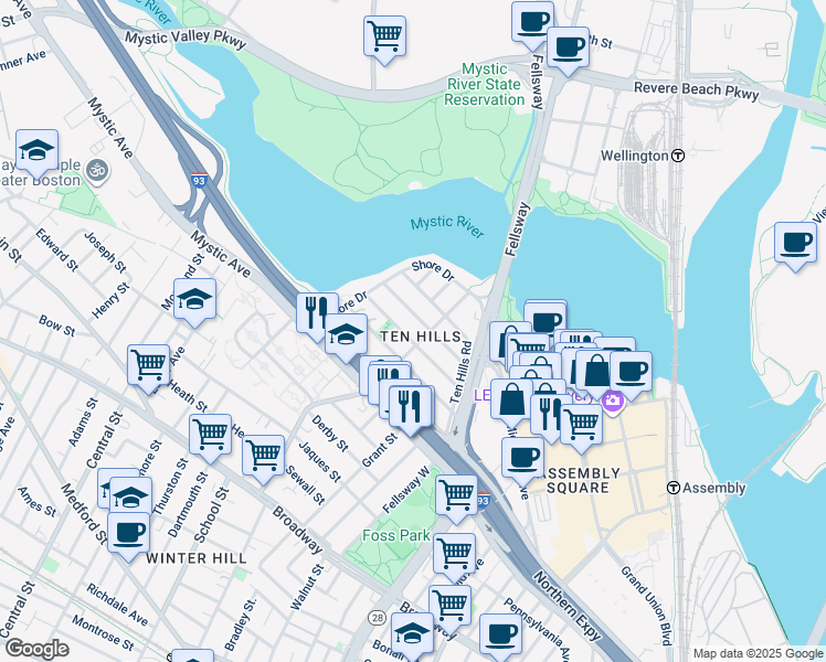 map of restaurants, bars, coffee shops, grocery stores, and more near 75 Puritan Road in Somerville