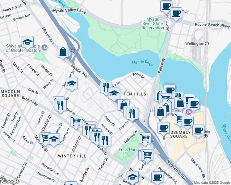 map of restaurants, bars, coffee shops, grocery stores, and more near 114 Governor Winthrop Road in Somerville