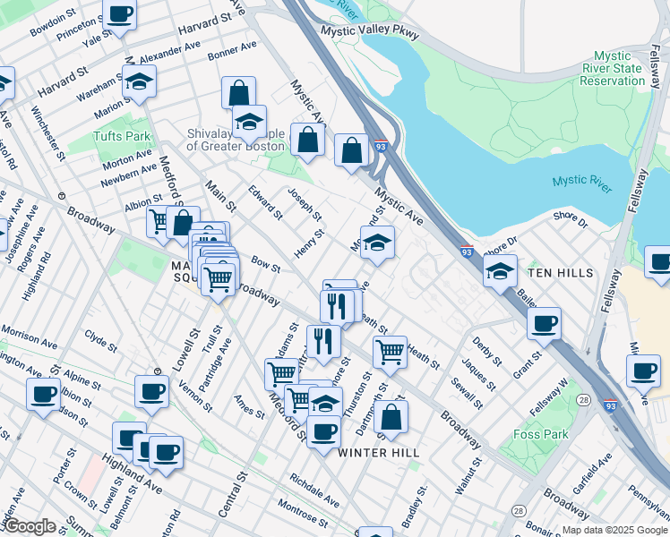 map of restaurants, bars, coffee shops, grocery stores, and more near 25 Fremont Street in Somerville