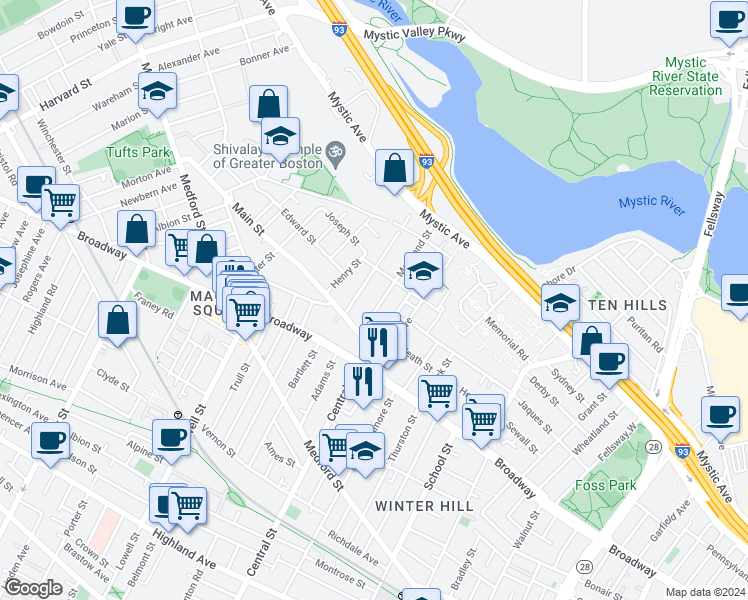 map of restaurants, bars, coffee shops, grocery stores, and more near 25 Fremont Street in Somerville