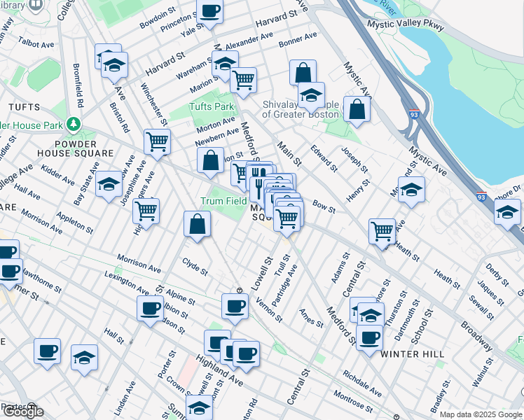 map of restaurants, bars, coffee shops, grocery stores, and more near in Somerville