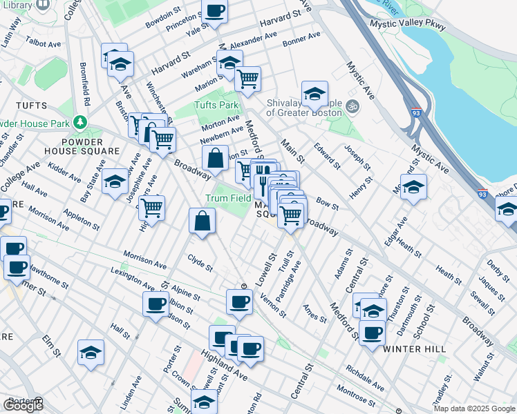 map of restaurants, bars, coffee shops, grocery stores, and more near 10 Charles E Ryan Road in Somerville