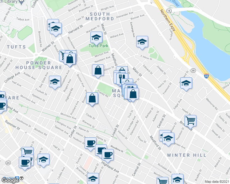 map of restaurants, bars, coffee shops, grocery stores, and more near 10 Charles E Ryan Road in Somerville