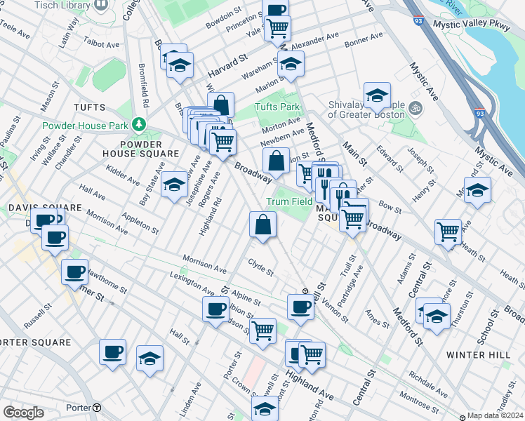map of restaurants, bars, coffee shops, grocery stores, and more near 272 Cedar Street in Somerville