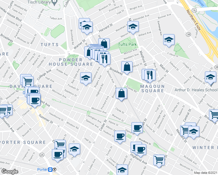 map of restaurants, bars, coffee shops, grocery stores, and more near 90 Prichard Avenue in Somerville