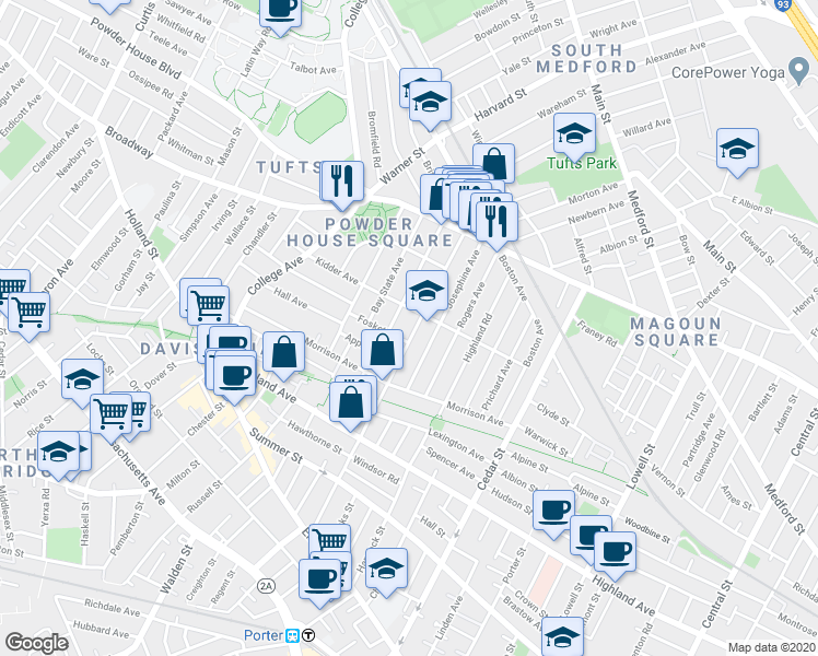 map of restaurants, bars, coffee shops, grocery stores, and more near 200 Willow Avenue in Somerville
