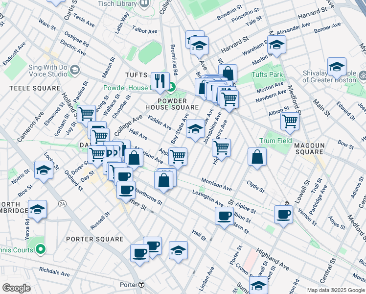 map of restaurants, bars, coffee shops, grocery stores, and more near 200 Willow Avenue in Somerville