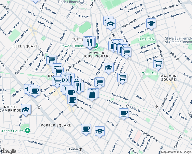 map of restaurants, bars, coffee shops, grocery stores, and more near 91 Bay State Avenue in Somerville