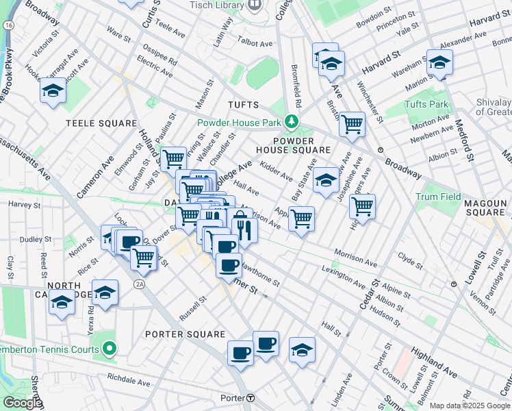 map of restaurants, bars, coffee shops, grocery stores, and more near in Somerville