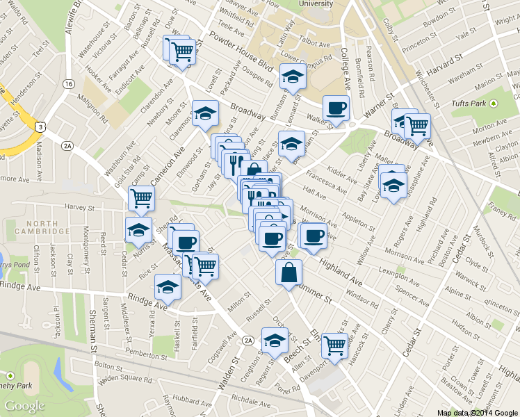 map of restaurants, bars, coffee shops, grocery stores, and more near in Somerville