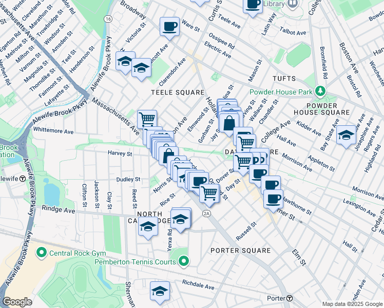 map of restaurants, bars, coffee shops, grocery stores, and more near 43 Campbell Park Place in Somerville