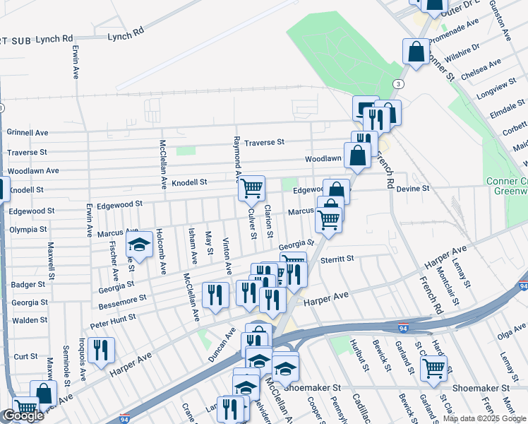 map of restaurants, bars, coffee shops, grocery stores, and more near 9117 Clarion Street in Detroit
